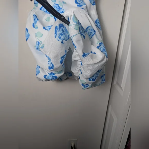 Angel Biba Dress Bubble Hem White Blue Floral Mini Dress Sz M new - Picture 2 of 8